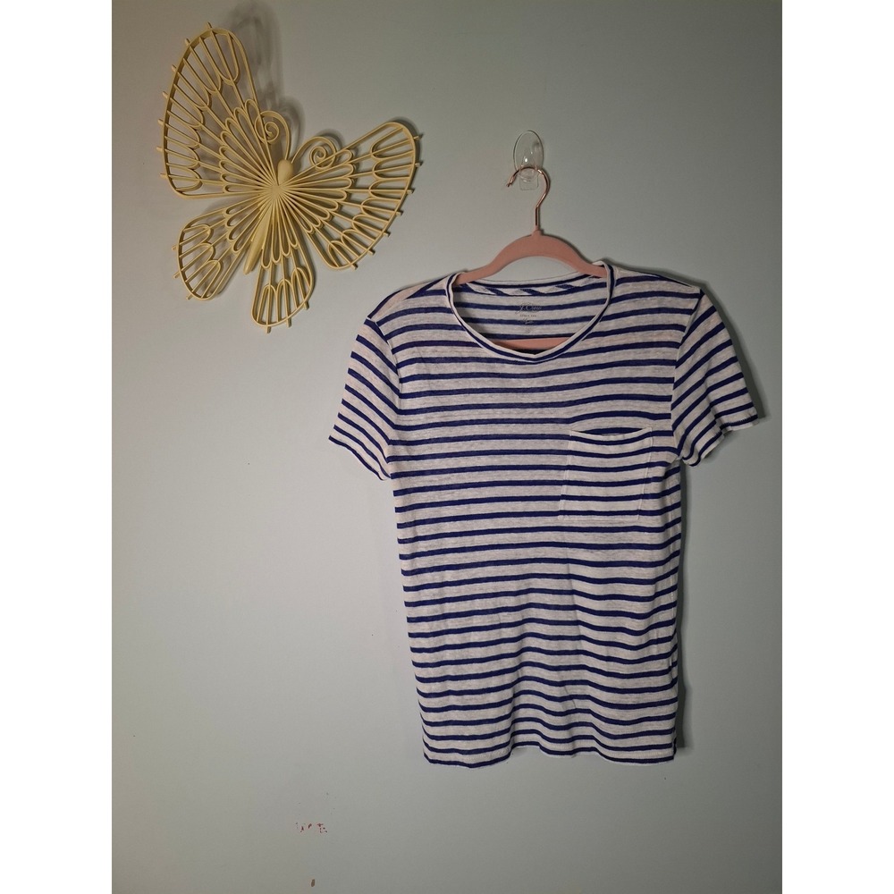 J.Crew Linen Tee Blue White Striped Pocket Short Sleeve T-Shirt XS